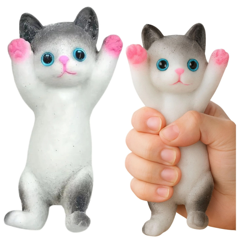 Senzorický antistresový mačkací kočička, bílá a šedá, 13 × 6,5 cm