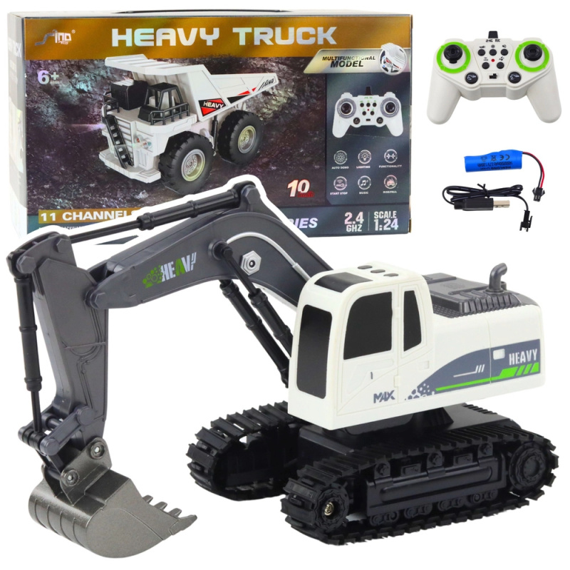Rc pásový bagr 1:24 s osvětlením a zvuky HEAVY TRUCK – bílý