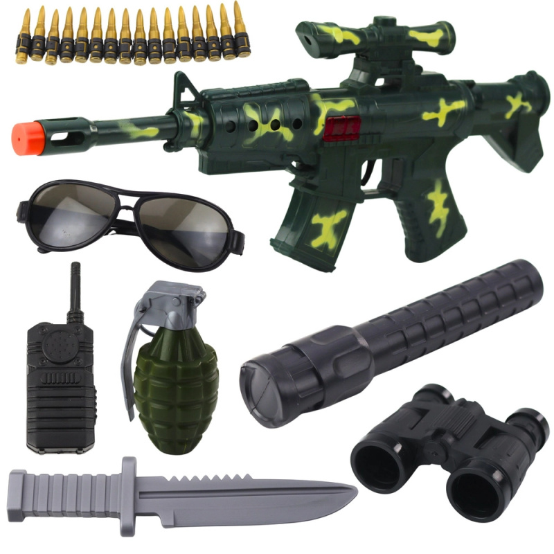 Dětská vojenská sada s puškou a doplňky, mechanický zvuk výstřelu, khaki
