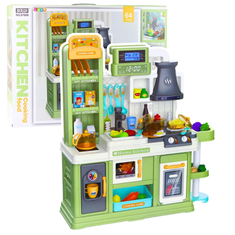 Dětská kuchyňka se skutečným oběhem vody, párou a měnící se barvou potravin, zelená, 64 dílů