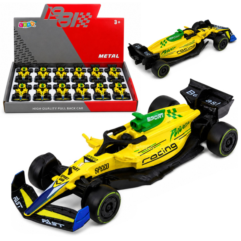 Kovové závodní auto formule pull back 1:43 žluté