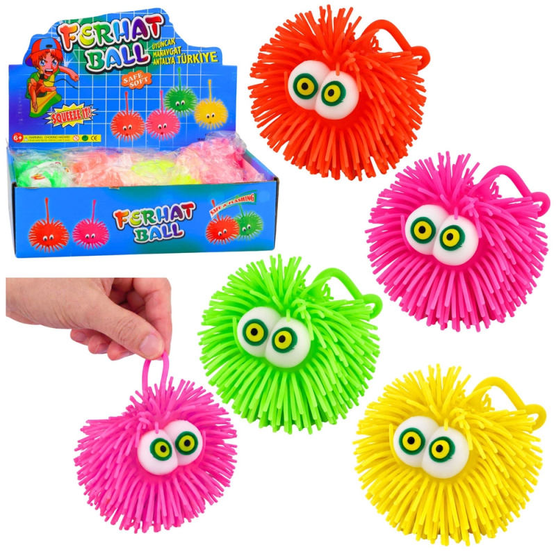 Svítící puffer míček s očima LED – antistresový senzorický gniotek, mix barev