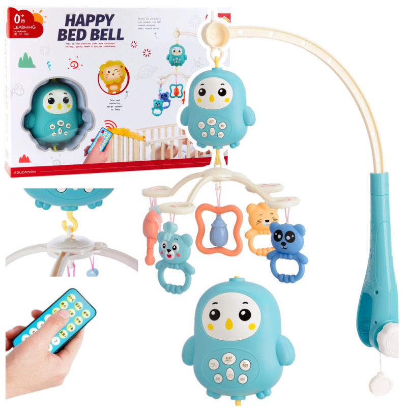 Hudební kolotoč nad postýlku s lampičkou a chrastítky – modrý