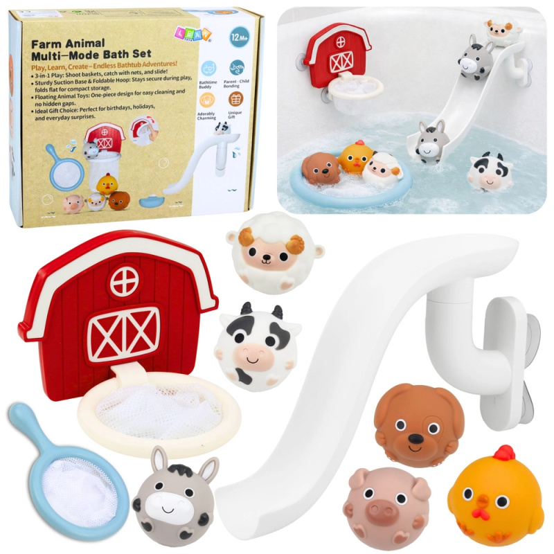 Koupací set farma – zvířátka, skluzavka, košek a sítko, 10 dílů