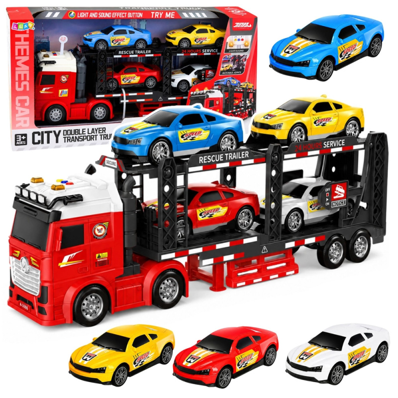 Transportní kamion – autotransportér s 4 sportovními auty, světla a zvuky
