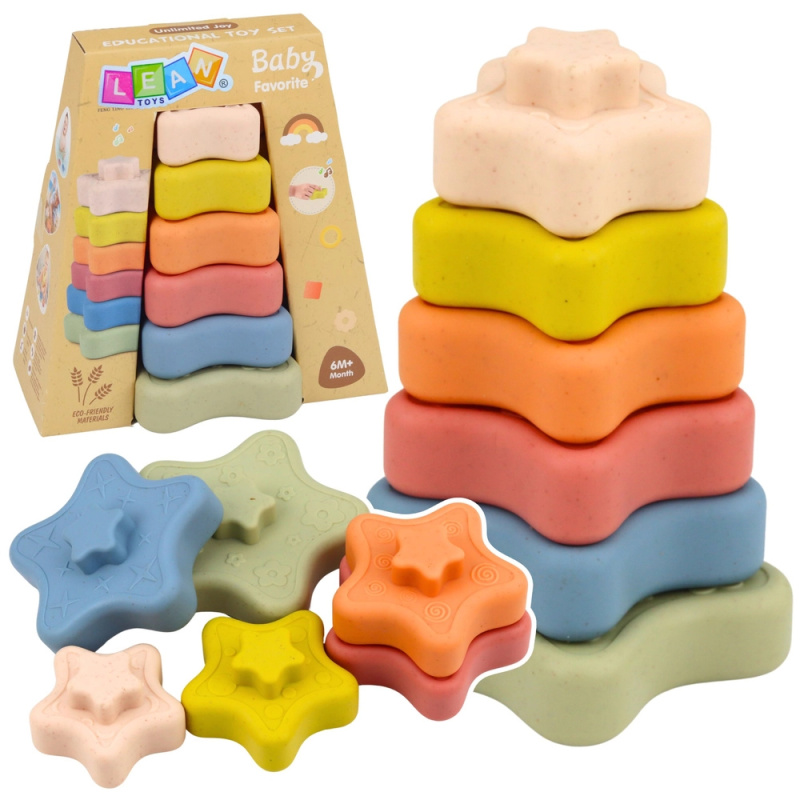 Senzorická stohovací věž hvězdičky, měkké silikonové dílky, 6 úrovní