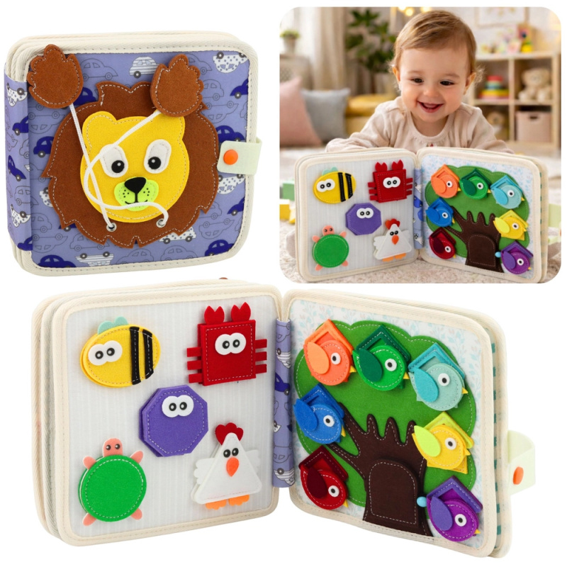 Smyslová filcová knížka Džungle – lev, Montessori aktivní kniha pro děti