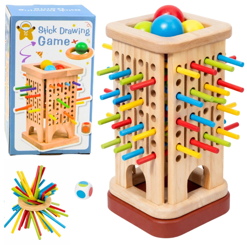 Dřevěná dovednostní hra věž s tyčinkami a kuličkami, 37 dílů