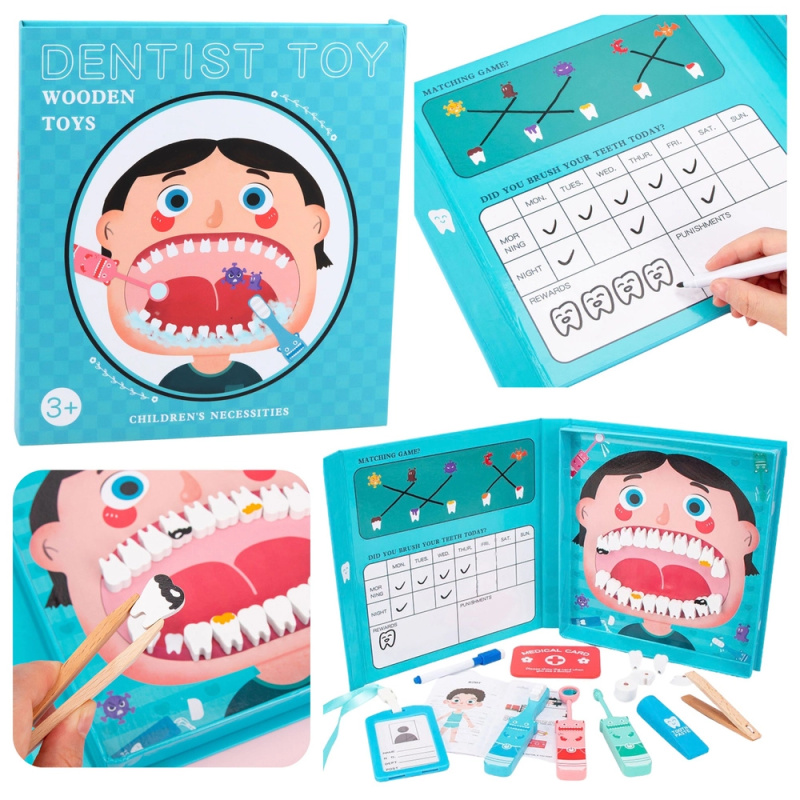 Dřevěná magnetická kniha – zubařský set pro děti