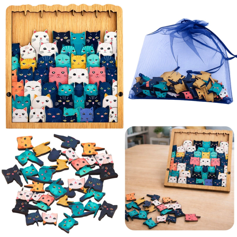 Dřevěné puzzle koťátka – edukativní logická skládačka s rámem a sáčkem, 62 dílků