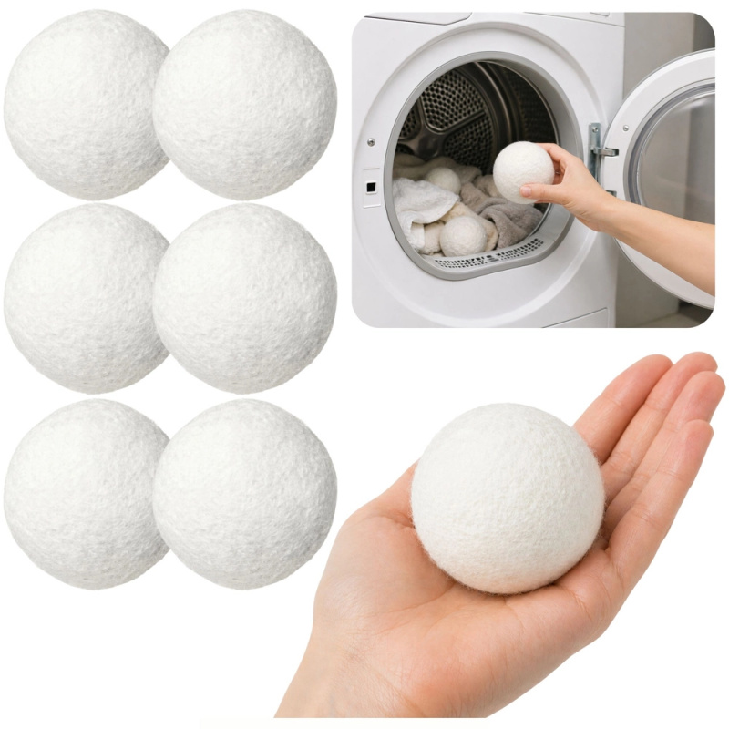 Přírodní vlněné míčky do sušičky, bílé 7 cm, 6 ks