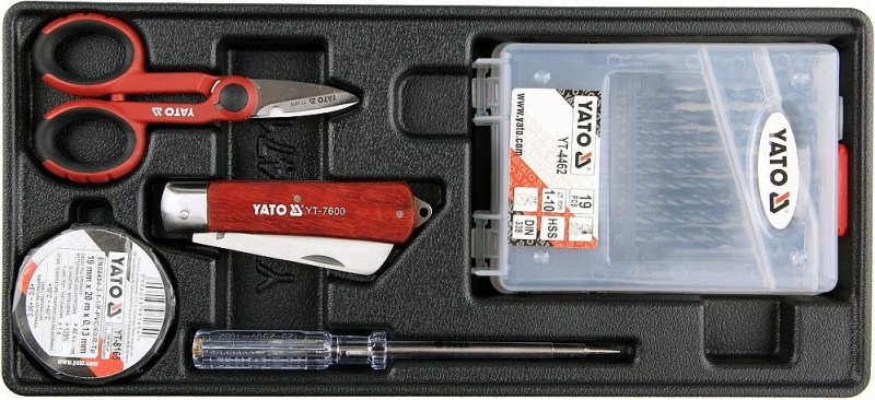 Vložka do zásuvky - izol. páska, zkoušečka, nůžky, montážní nůž, sada vrtáků 1-10mm - YT-55471