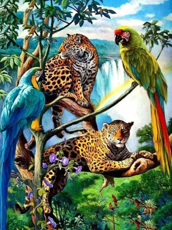 Diamantové malování Papoušci a leopardi