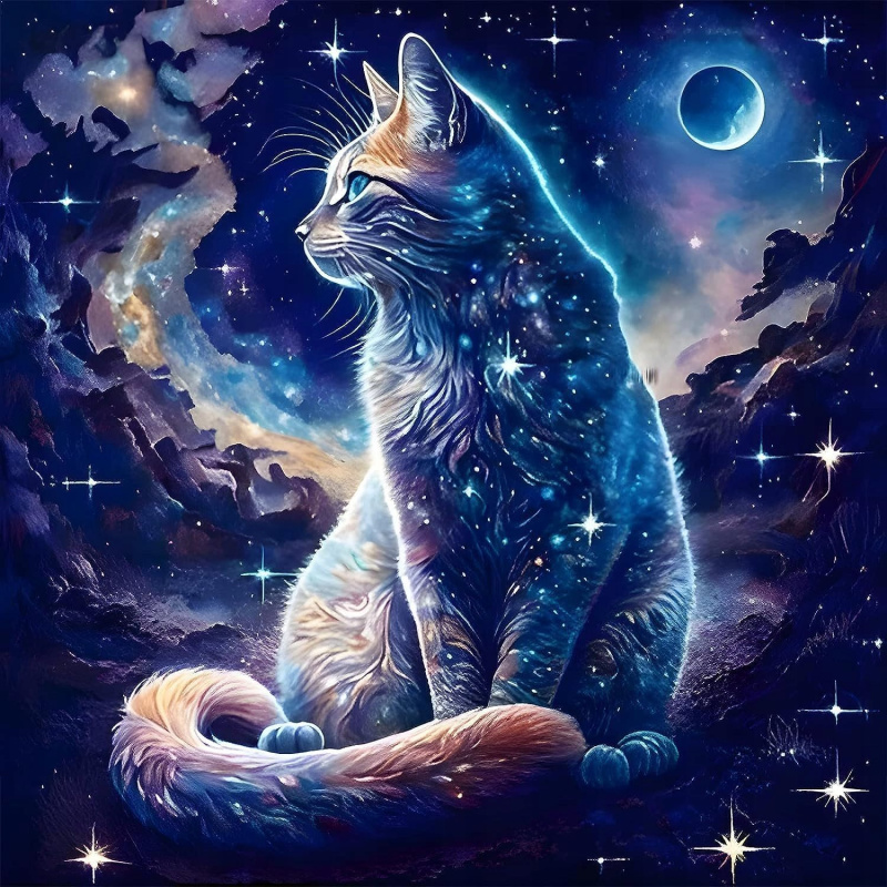 diamantové malování kočka v měsíčním třpytu 30 × 40 cm