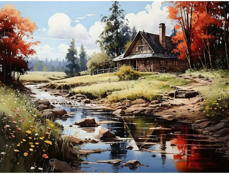 Diamantové malování Dům u řeky 30 × 40 cm