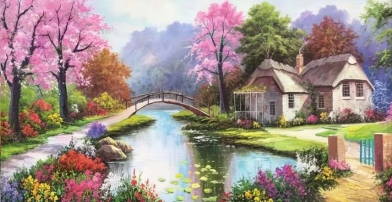Diamantové malování – idylická osada u řeky 80 × 40 cm
