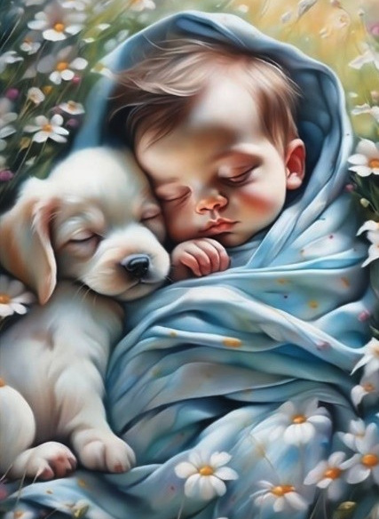 Diamantová mozaika - Dítě a štěně