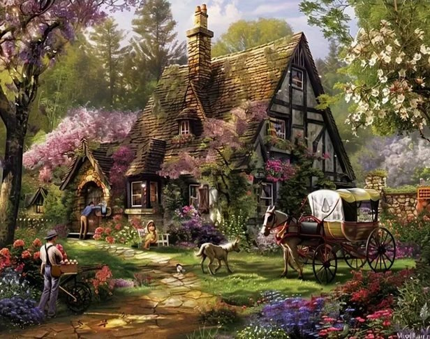 Diamantové malování – venkovská chalupa 30 × 40 cm