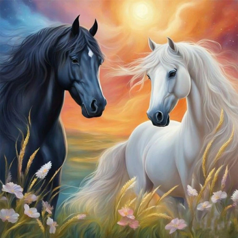Diamantové malování – bílý a černý kůň 30 × 40 cm