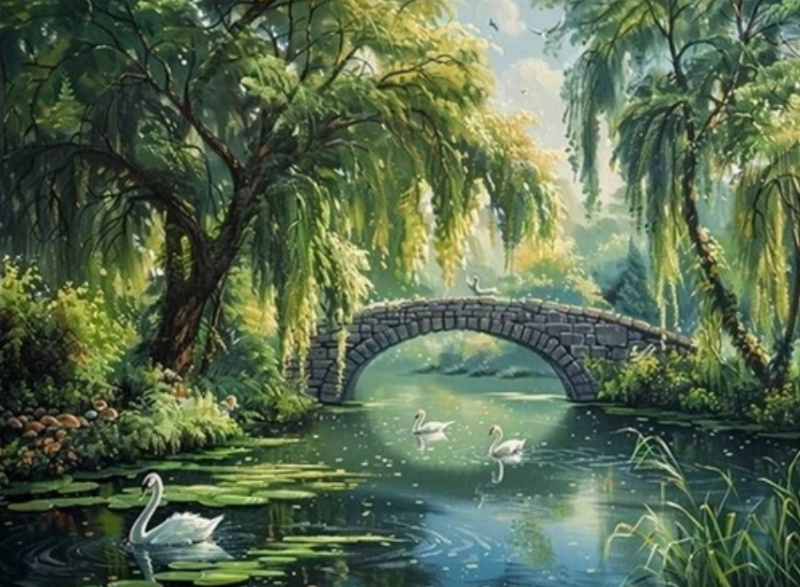 diamantové malování kamenný most nad řekou 30 × 40 cm