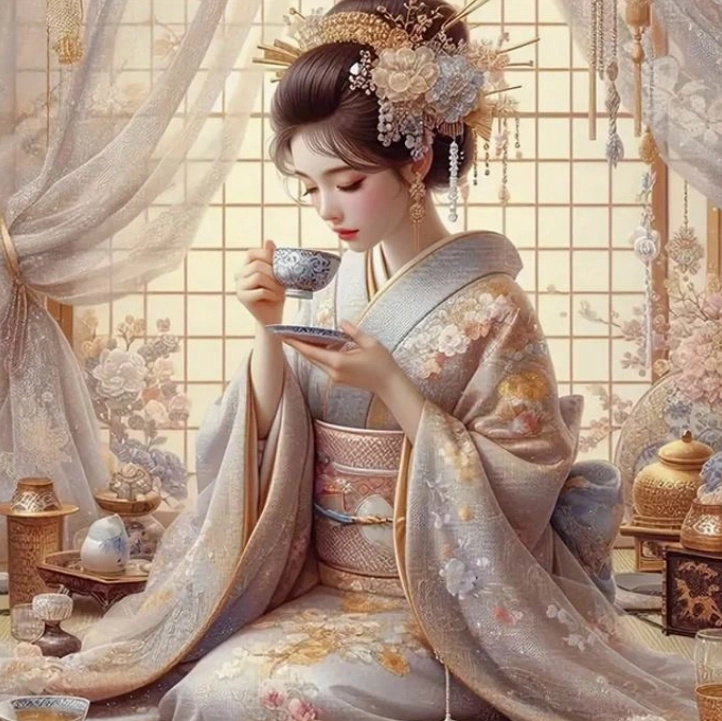 Norimpex Diamantové malování Japonka popíjící čaj 30 x 40 cm