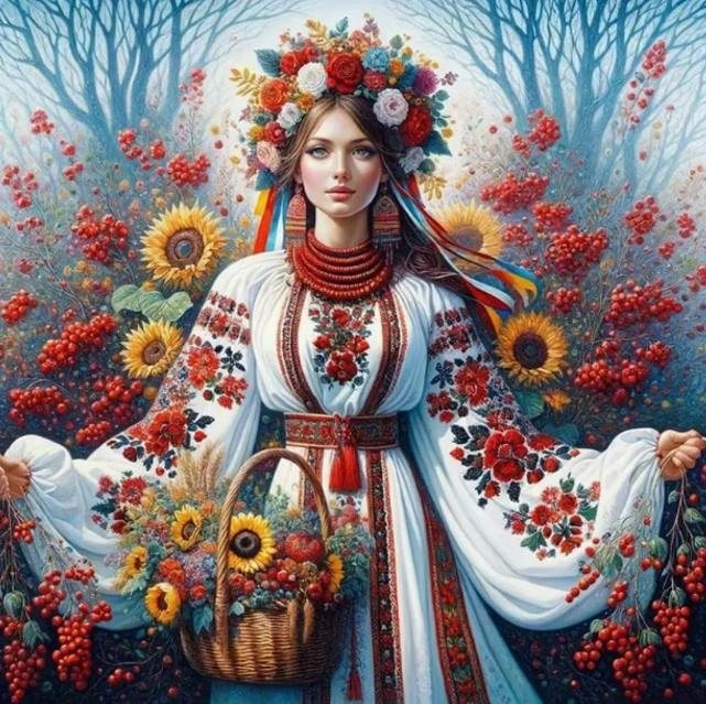 Diamantové malování – slovanská dívka s květinami 30 × 40 cm