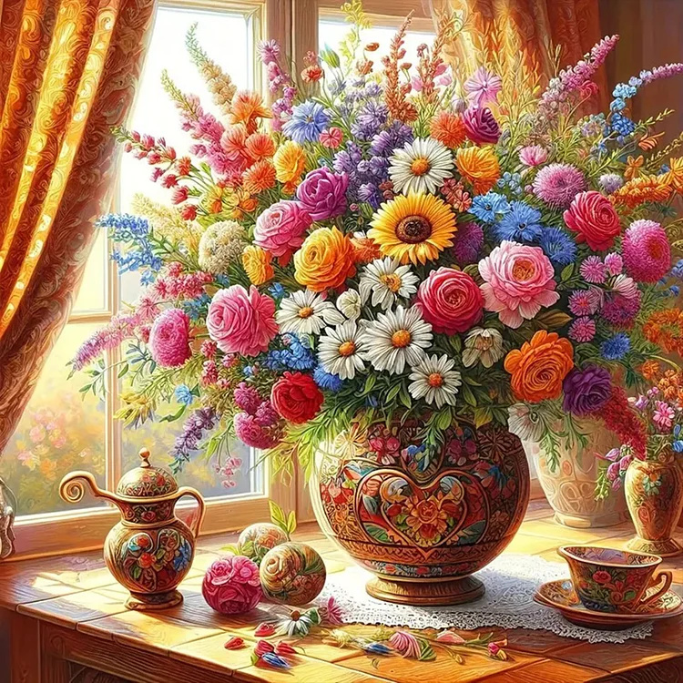 diamantové malování kytice u okna 30 × 40 cm