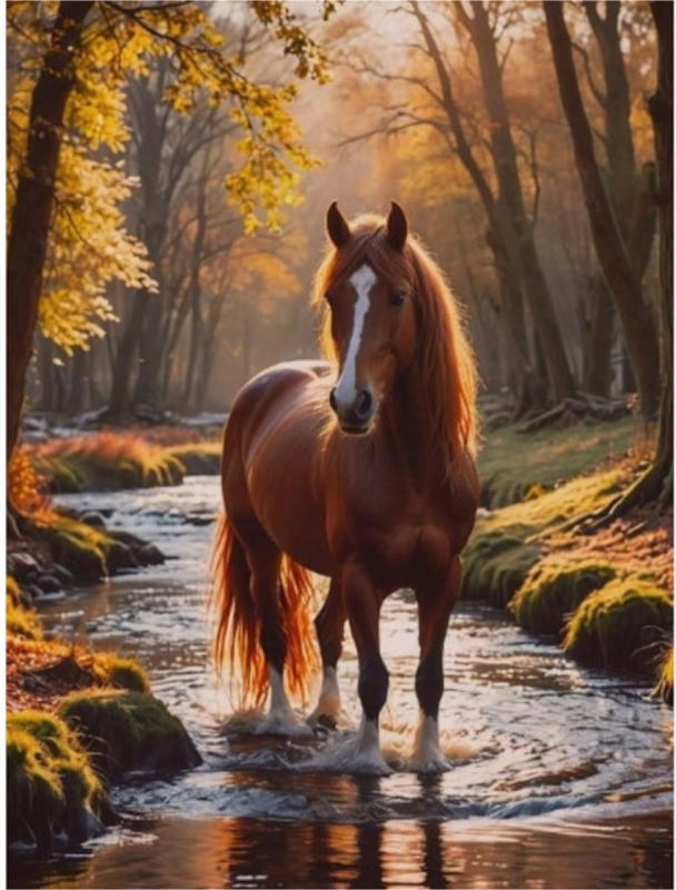 Diamantové malování – kůň v lesním potoce 30 × 40 cm