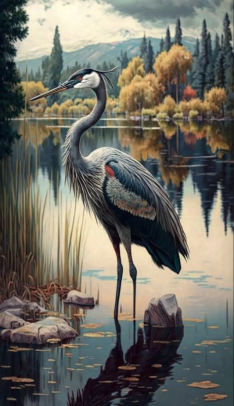 Diamantové malování Jeřáb na jezeře 30 × 40 cm