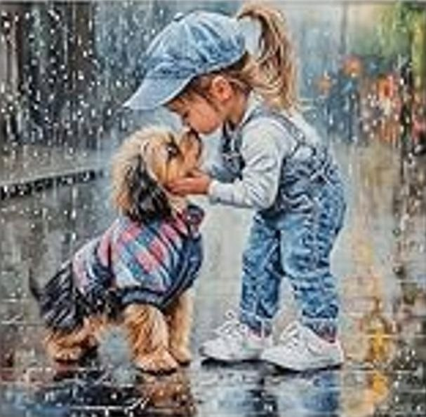 Diamantové malování – dívka se psem v dešti 30 × 40 cm