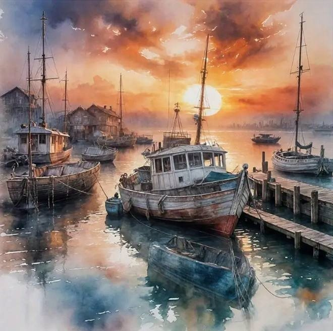 diamantové malování loď v přístavu 30 × 40 cm