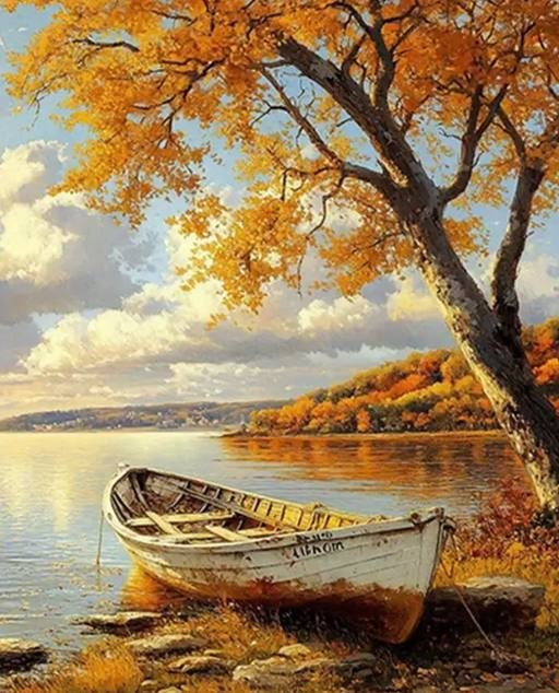 diamantové malování loďka na břehu 30 × 40 cm