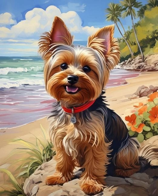 diamantové malování jorkšír na pláži 30 × 40 cm
