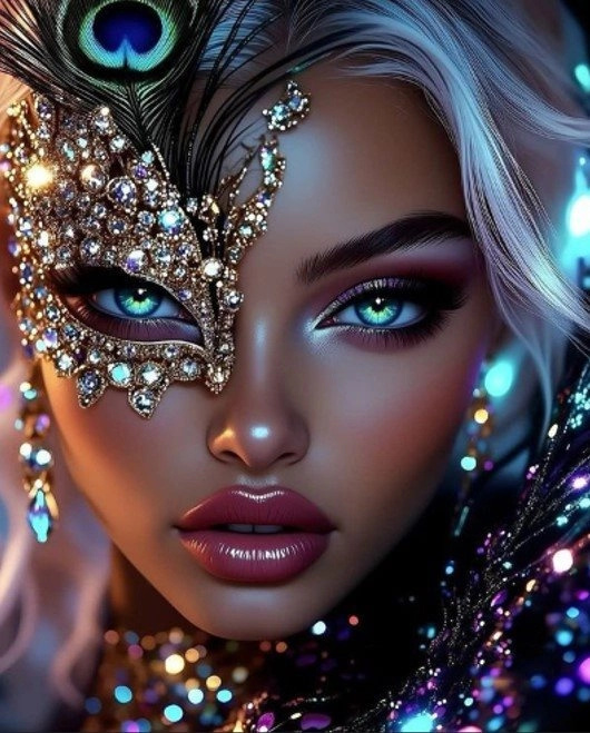 diamantové malování žena s paví maskou 30 × 40 cm