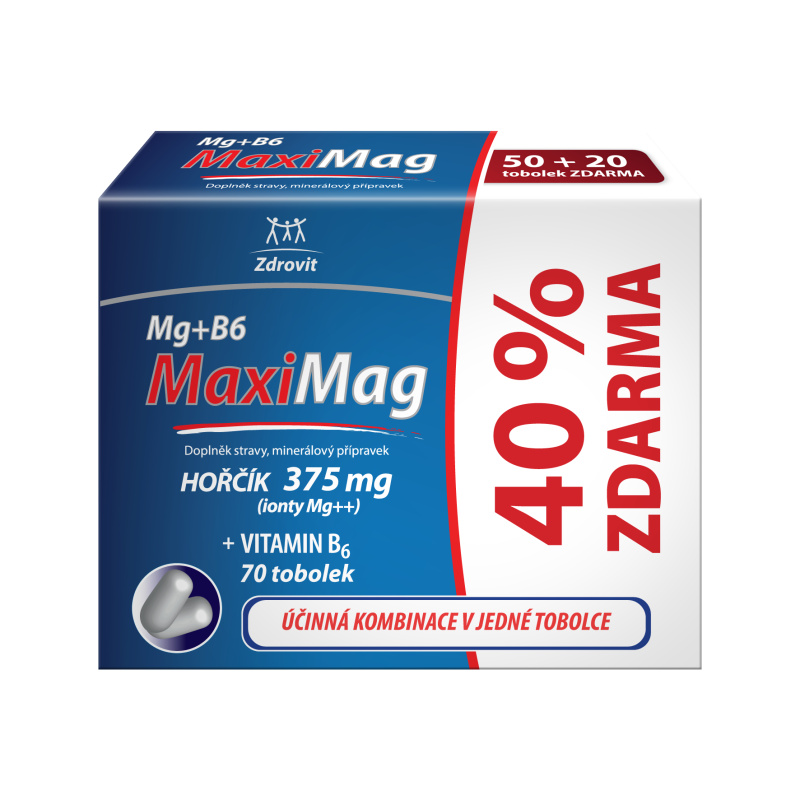 MaxiMag Hořčík 375mg+B6 40% ZDARMA 70 tobolek