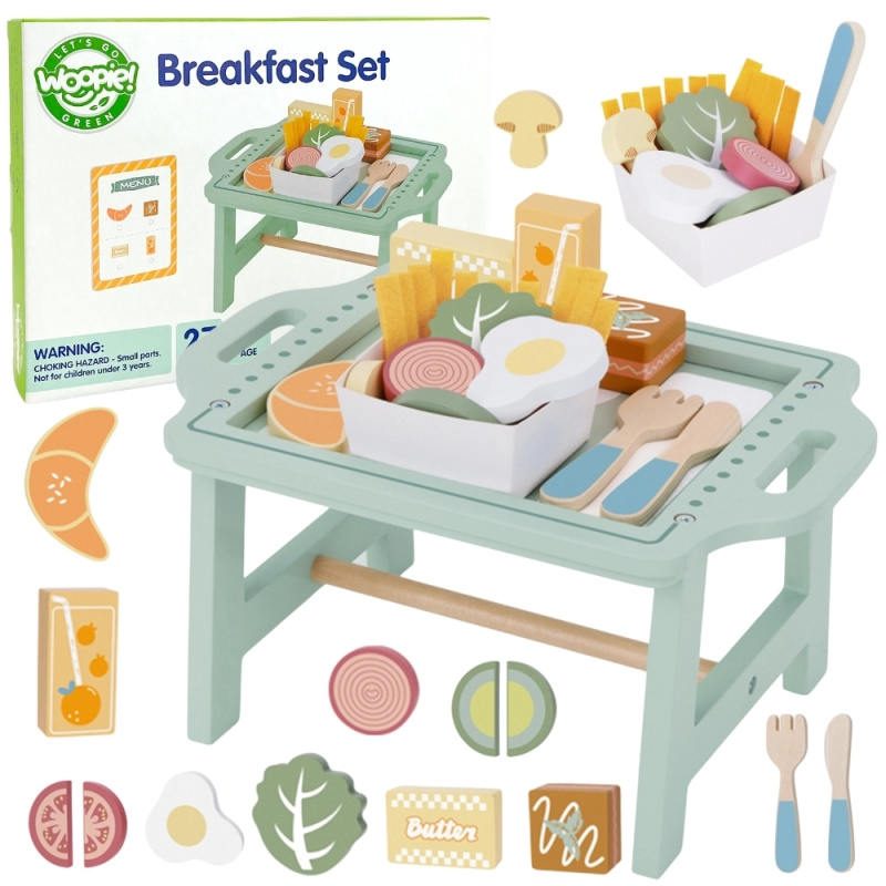 Woopie Green Snídaňová Sada s Tácem a Dřevěnými Doplňky Pastelová
