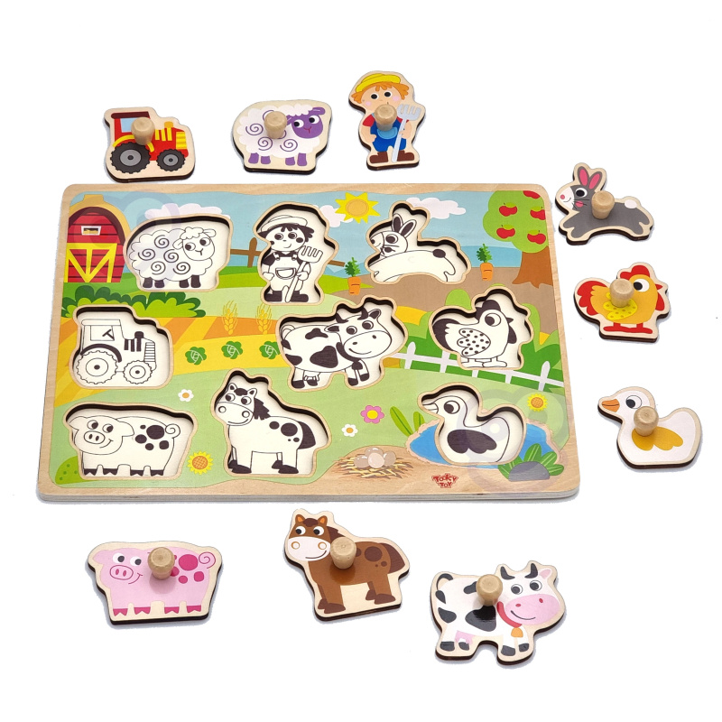 Dřevěné puzzle Farma Montessori s kolíčky od Woopie Green