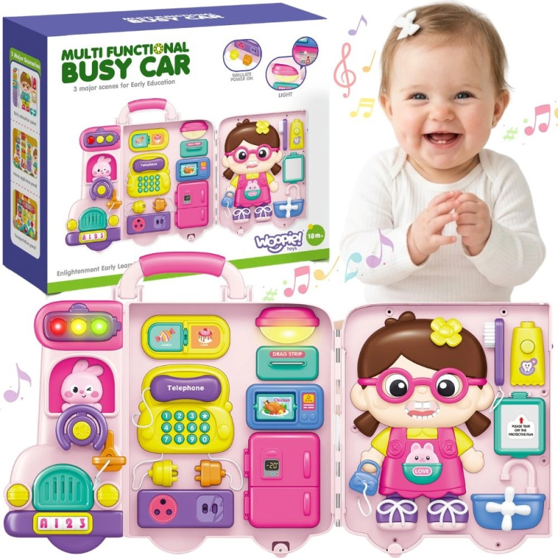 Woopie interaktivní manipulační tabule Busy car 3v1 v kufříku se zvukem a světlem