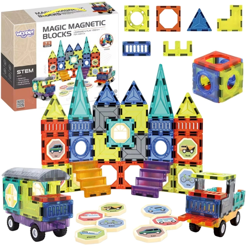 Woopie magnetické stavebnice 3D – zámek a vozidla, 71 dílů