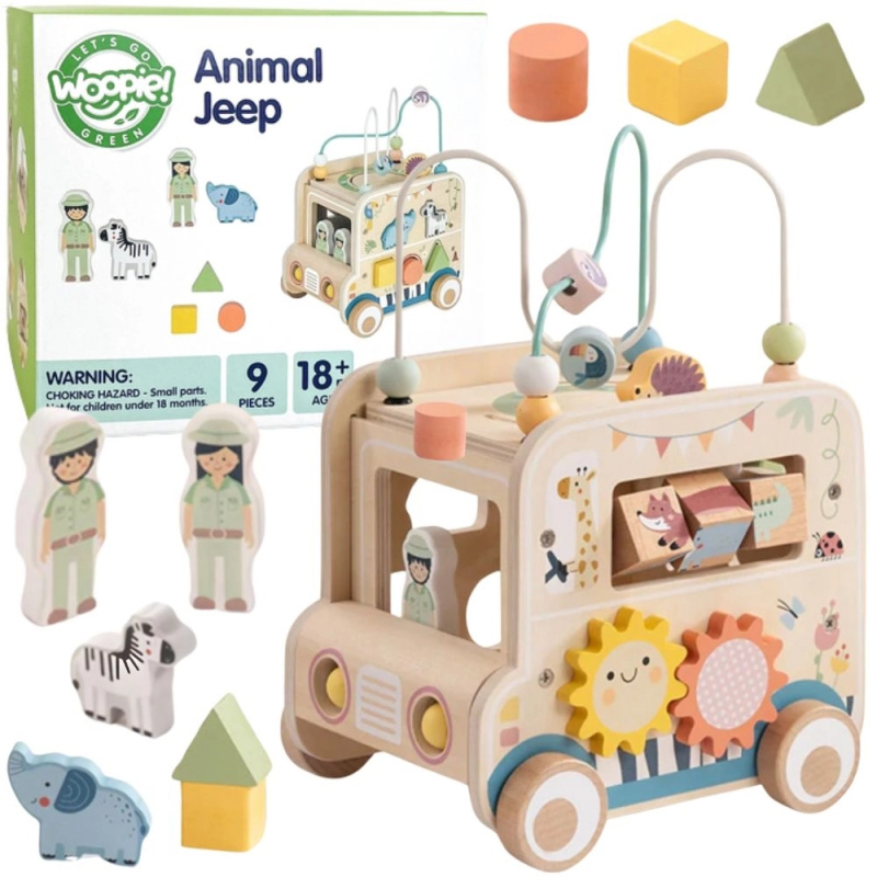 woopie green dřevěná aktivní kostka safari auto