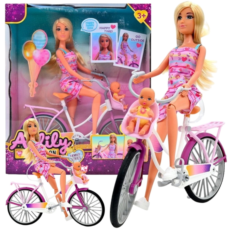 Woopie Lalka Lily cyklistka s miminkem a dětskou sedačkou na kolo