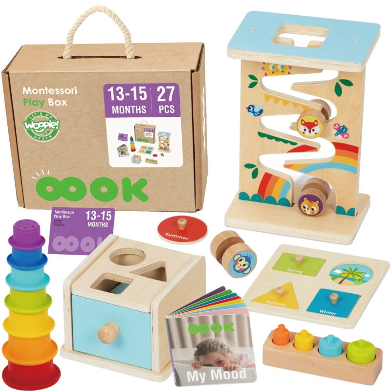 woopie green montessori box 6 v 1 dřevěný vzdělávací set pro děti 13–15 měsíců