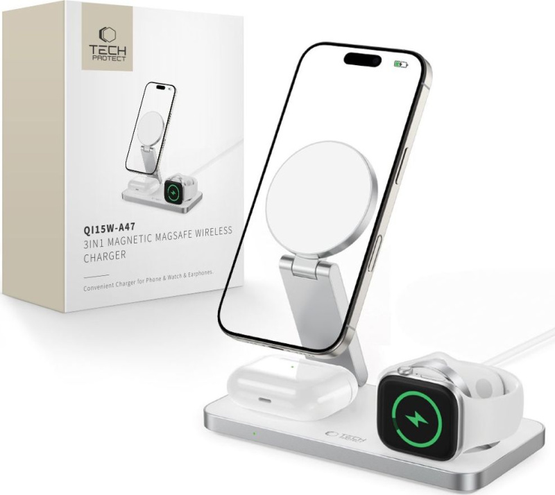 Tech-Protect Bezdrátová nabíječka pro iPhone, Apple Watch a AirPods - Tech-Protect, QI15W-A47 Wireless Charger White