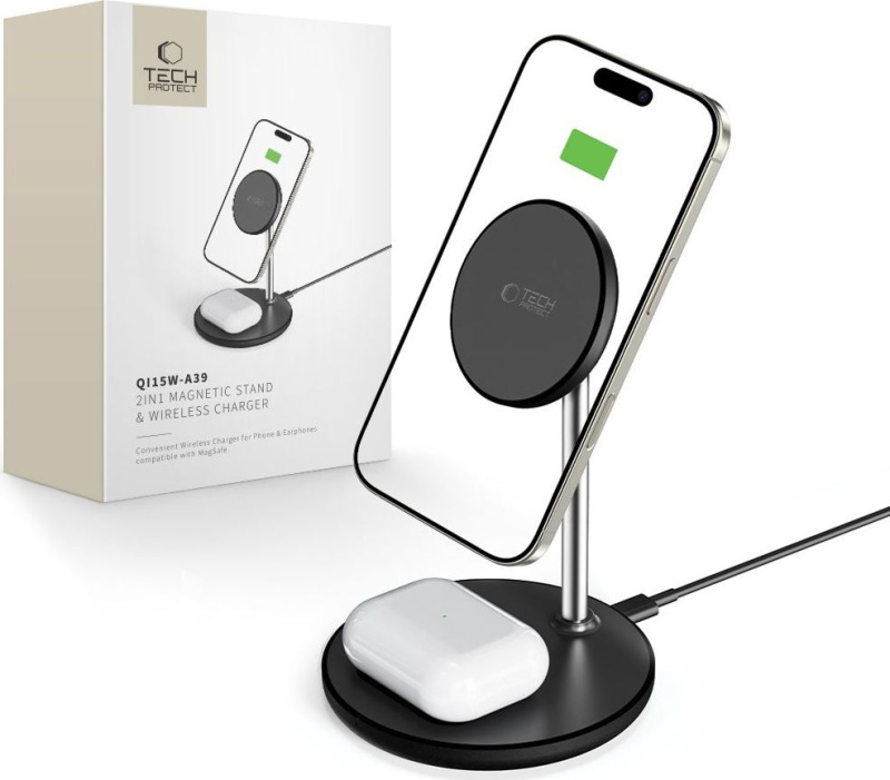 Tech-Protect Bezdrátová rychlá nabíječka pro iPhone a AirPods - Tech-Protect, QI15W-A39 MagSafe Wireless Charger Black