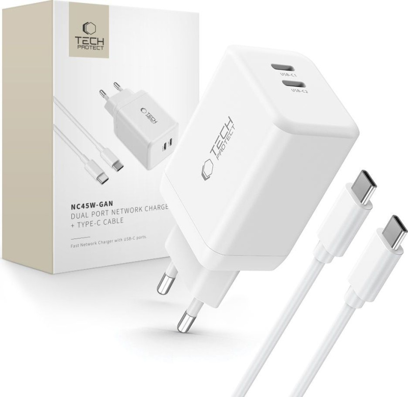 Tech-Protect Rychlá nabíječka do sítě - Tech-Protect, NC45W-GAN PD45W White + USB-C kabel