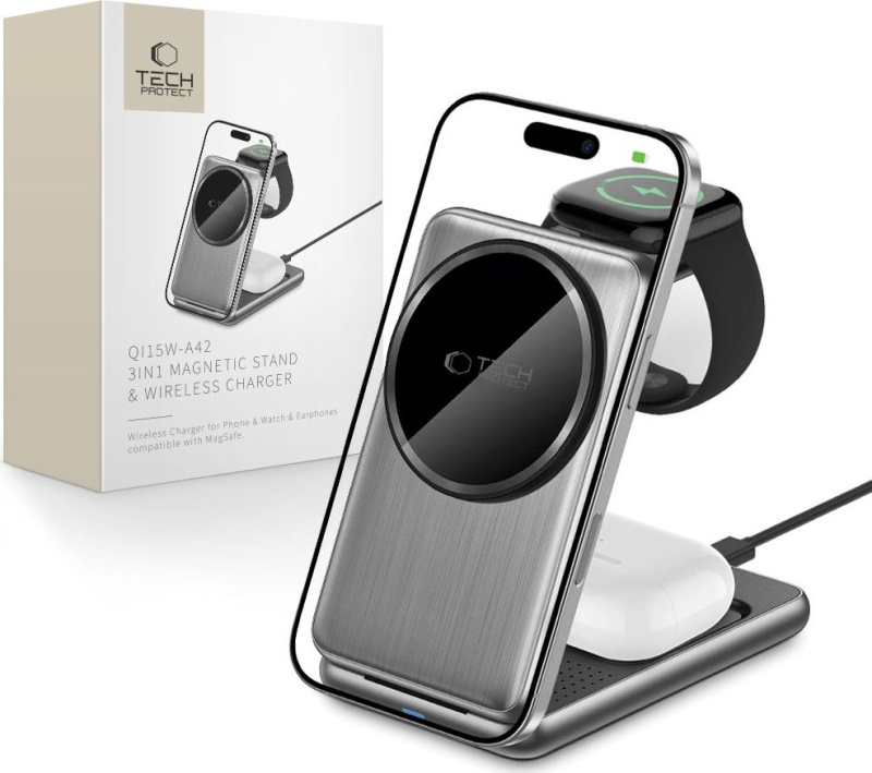 Tech-Protect Bezdrátová nabíječka pro iPhone, AirPods a Apple Watch - Tech-Protect, QI15W-A42 MagSafe Space Gray