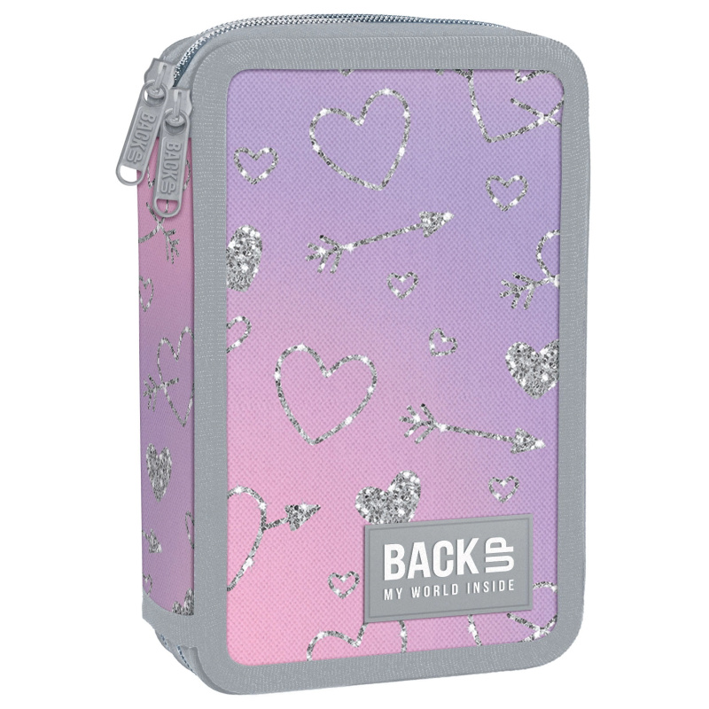 Dvoukomorový školní penál s vybavením BackUP třpytivá srdíčka