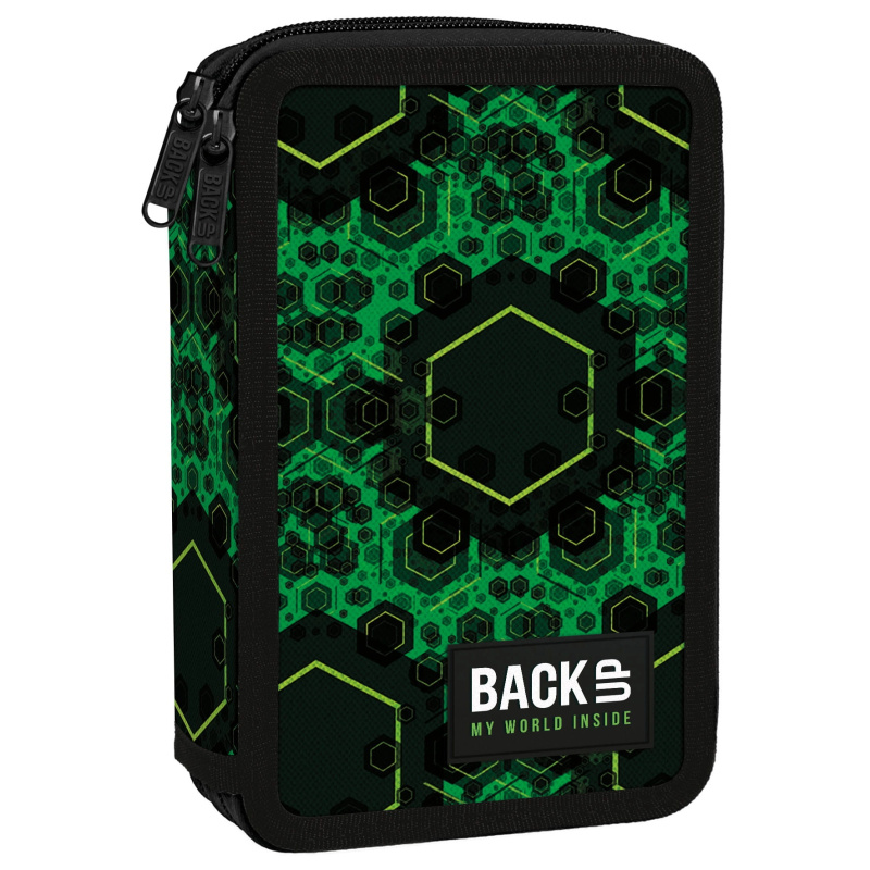 Školní dvoukomorový penál s vybavením BackUP – zelené hexagony
