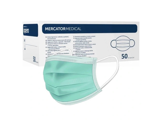 Mercator Medical OPERO Chirurgická ústenka z netkané textilie s gumičkami, třívrstvá (modrá,bílá,zelená) 50ks Barva: Zelená
