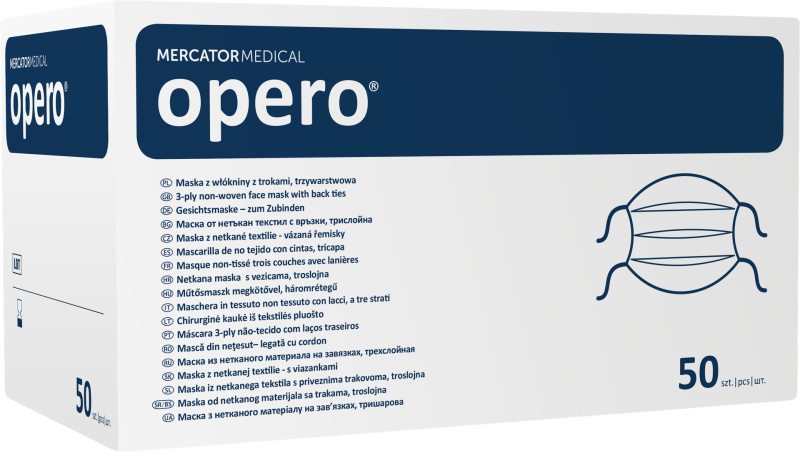 Mercator Medical OPERO Chirurgická ústenka z netkané textilie se šňůrkami, třívrstvá (modrá, bílá,zelená) 50ks Barva: Zelená